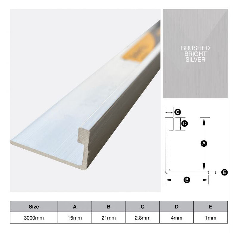Aluminium Angle - Brushed Bright Silver 15mm x 3m