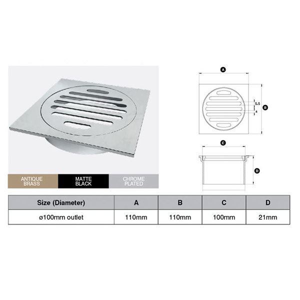 Brass Chrome Plated Square Floor Grate (Watermarked) 100mm Dia Outlet 110 x 110mm