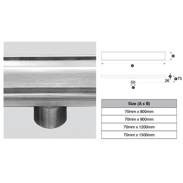 316 Stainless Steel Grate - Tile Insert Profile 50mm Dia Outlet, Stainless Steel Filter, Watermarked 70mm x 1500mm