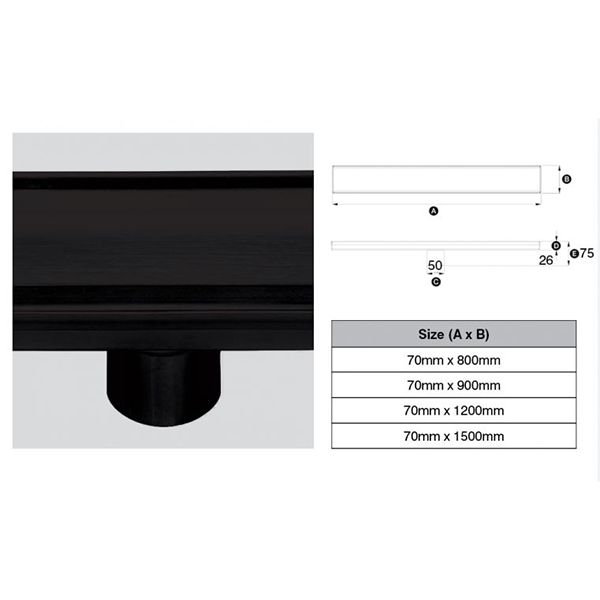 316 Stainless Steel Grate - Tile Insert Profile 50mm Dia Outlet, Stainless Steel Filter, Watermarked - Matte Black Finish 70mm x 1500mm
