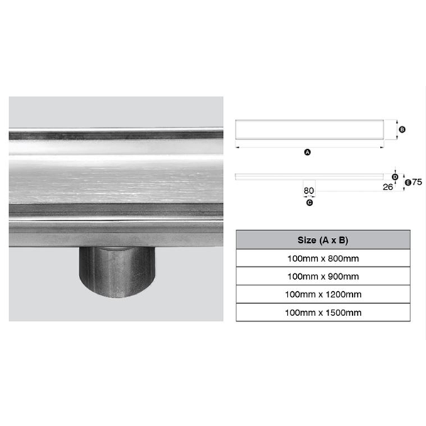 316 Stainless Steel Grate - Tile Insert Profile 76mm Dia Outlet, Stainless Steel Filter, Watermarked 100mm x 800mm