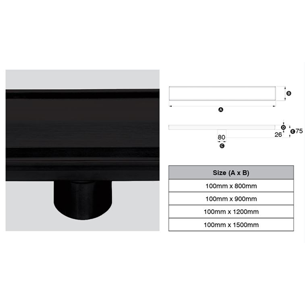 316 Stainless Steel Grate - Tile Insert Profile 76mm Dia Outlet, Stainless Steel Filter, Watermarked - Matte Black Finish 100mm x 1200mm