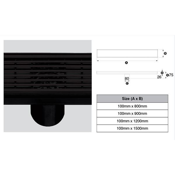 316 Stainless Steel Grate - Strip Punched Profile 76mm Dia Outlet, Stainless Steel Filter, Watermarked - Matte Black Finish 100mm x 800mm