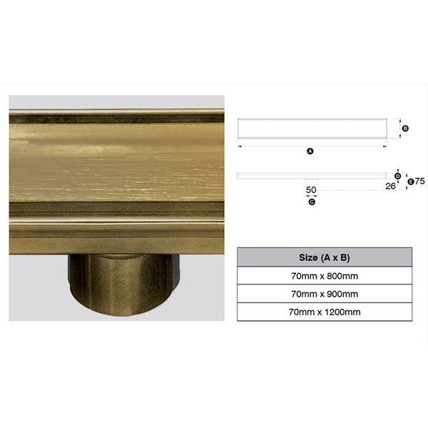 316 Stainless Steel Grate - Tile Insert Profile 50mm Dia Outlet, Stainless Steel Filter, Watermarked - Matte Gold Finish 70mm x 900mm