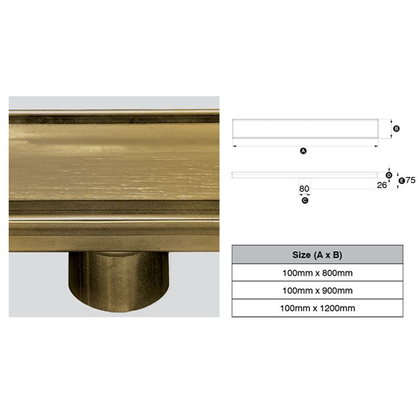 316 Stainless Steel Grate - Tile Insert Profile 76mm Dia Outlet, Stainless Steel Filter, Watermarked - Matte Gold Finish 100mm x 900mm