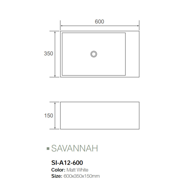 Solid Surface Basin Series Savannah Above Counter Gloss White 600x350x150mm