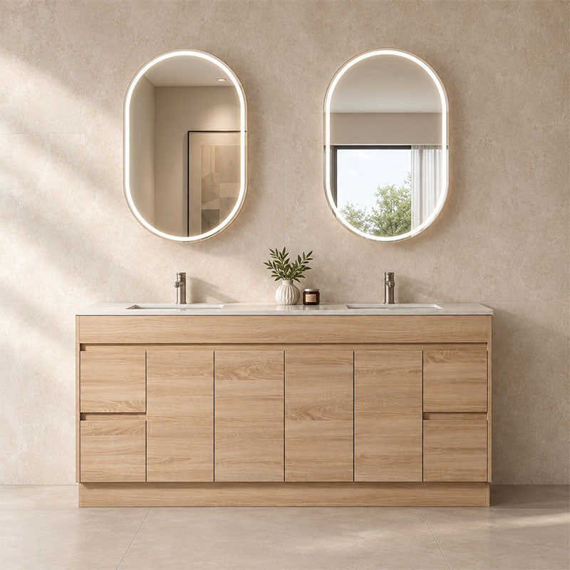 Oakdoo Series Free Standing Vanity Double Bowls Prime Oak 1776x455x855mm With Flat Stone Top