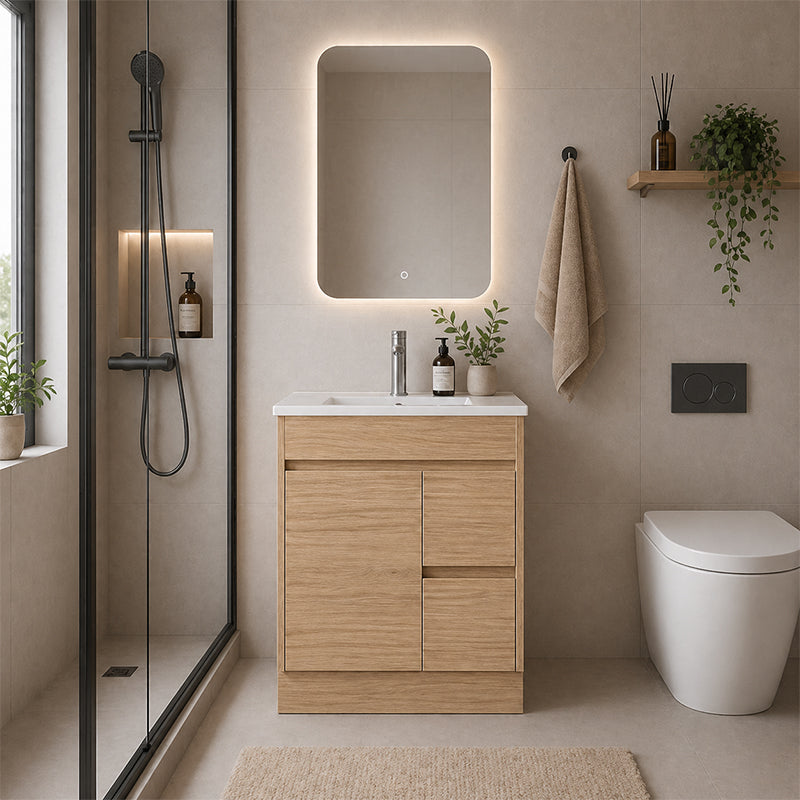 Oakdoo Series Right Hand Drawer Natural Timber Overall 730x450x855mm Vanity Set With Stone Top & Ceramic Undermount Basin