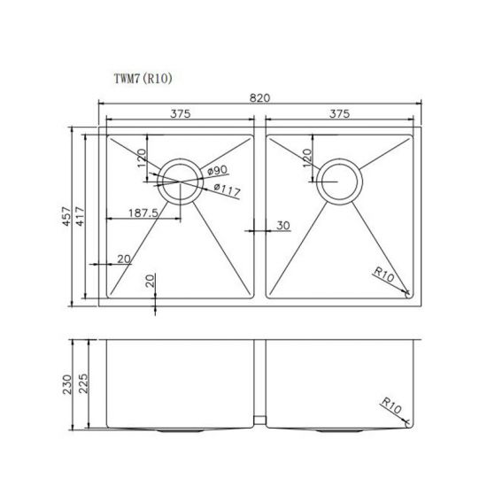 820x457x230mm Chrome Stainless Steel Double Bowl Kitchen Sink