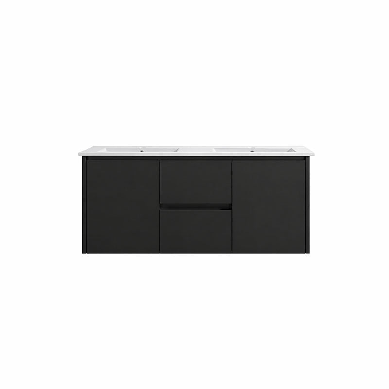 Moddoo(Hung) Series Double Bowls Matt Black Overall 1180x455x520mm Vanity Set With Stone Top & Ceramic Undermount Basin