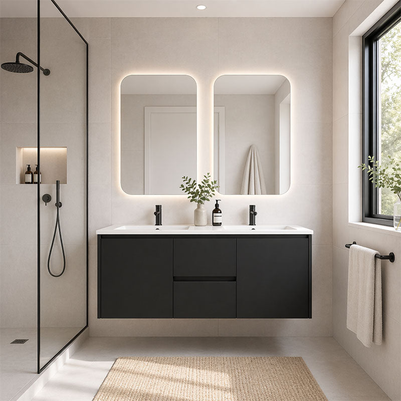 Moddoo(Hung) Series Double Bowls Matt Black Overall 1180x455x520mm Vanity Set With Stone Top & Ceramic Undermount Basin