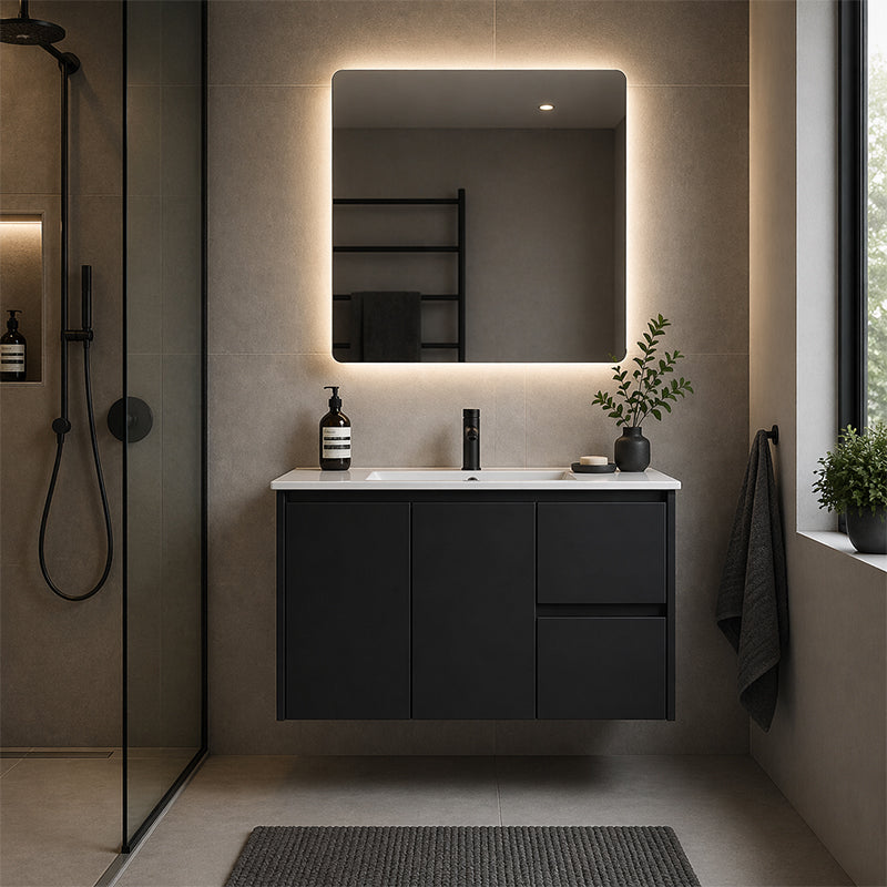 Moddoo(Hung) Series Right Hand Drawer Matt Black Overall 880x455x520mm Vanity Set With Ceramic Slimline Top (UV31)