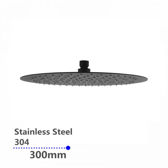 Super-slim Round Rainfall Shower Head Black 300mm
