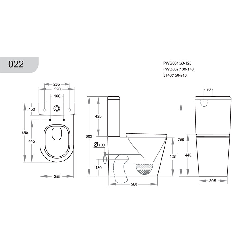 Back/Left and Right Bottom Intet 4.5/3/3 Liters Dual Flush Toilet 650x385x865mm