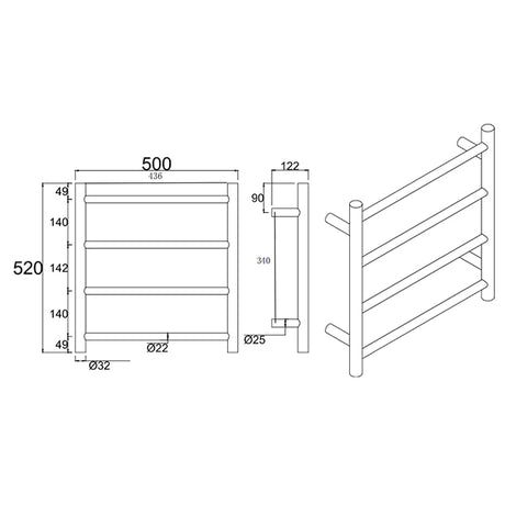 Round Electric Heated Towel Rack 4 Bars Brushed Gun Metal Grey