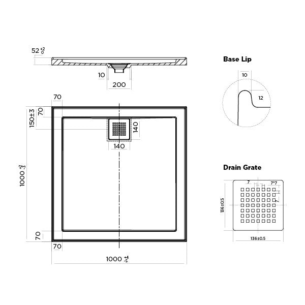 ECO Polymarble Base 1000x1000 Rear Outlet Shower Base