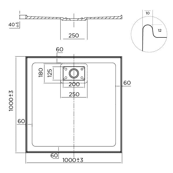 Metro Polymarble base 1000x1000 Rear Outlet Shower Base