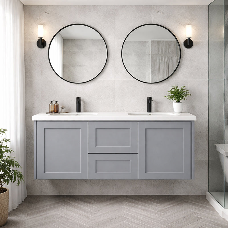 Vintage (Hung) Series Double Bowls Matt Grey Overall 1200mm Vanity Set With Flat Stone Bench Top Suits Double Bowl