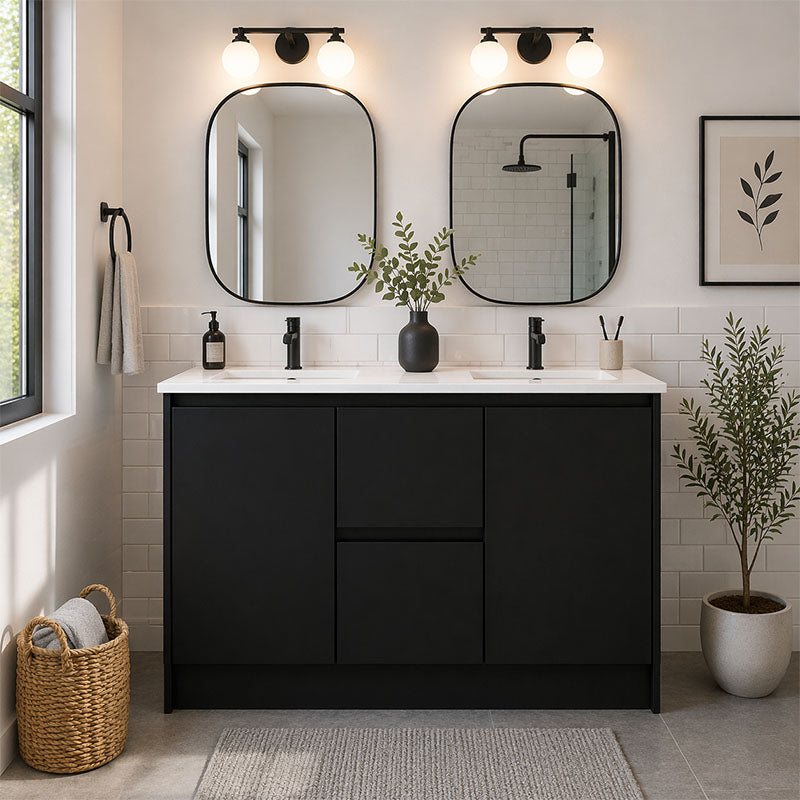 Moddoo Series Double Bowls Matt Black Overall 1180x455x855mm Vanity Set With Stone Top & Ceramic Undermount Basin