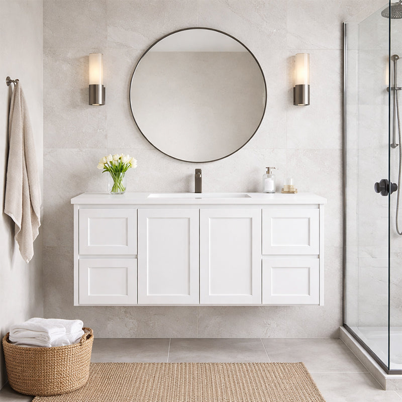 Vintage (Hung) Series Single Bowl Matt White Overall 1200mm Vanity Set With Stone Top & Ceramic Undermount Basin