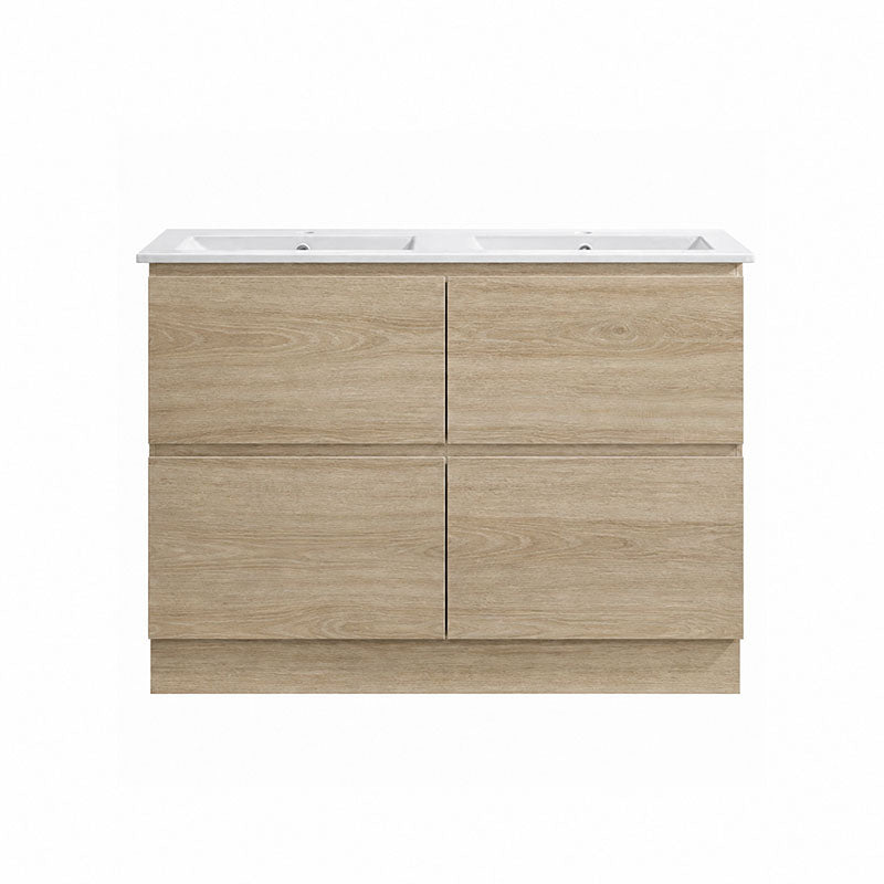 Moddra Series Double Bowls Natural Timber Overall 1180x450x855mm Vanity Set With Stone Top & Ceramic Undermount Basin