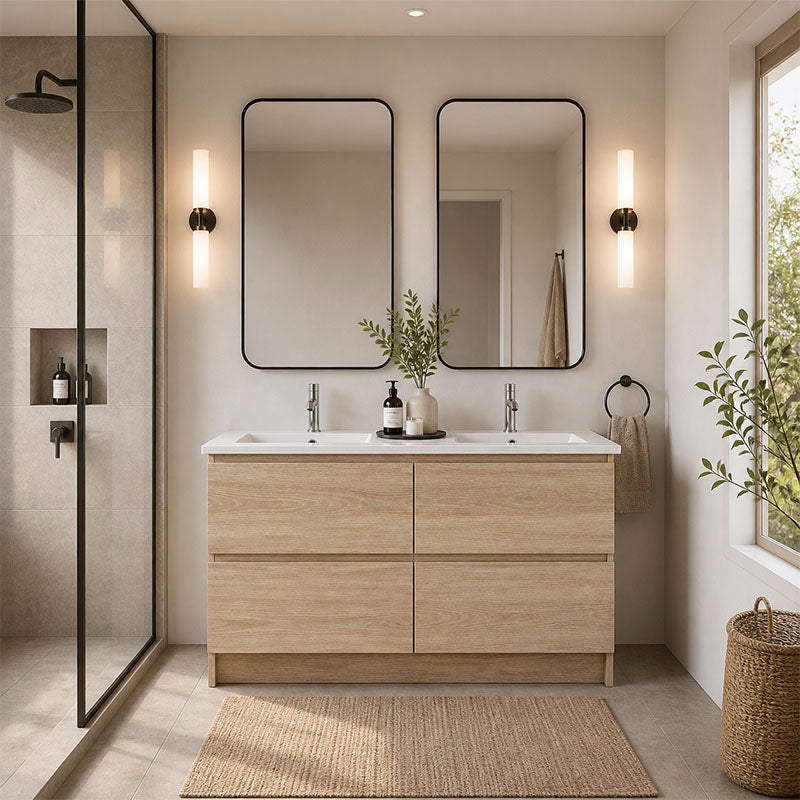 Moddra Series Double Bowls Natural Timber Overall 1180x450x855mm Vanity Set With Stone Top & Ceramic Undermount Basin