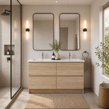 Moddra Series Double Bowls Natural Timber Overall 1180x450x855mm Vanity Set With Stone Top & Ceramic Undermount Basin