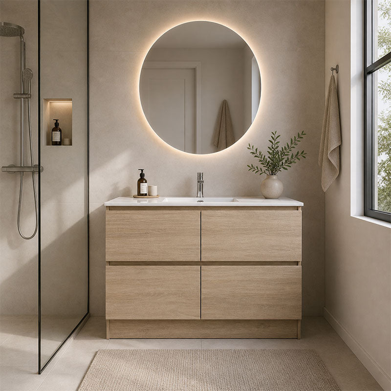 Moddra Series Single Bowl Natural Timber Overall 1180x450x855mm Vanity Set With Stone Top & Ceramic Undermount Basin