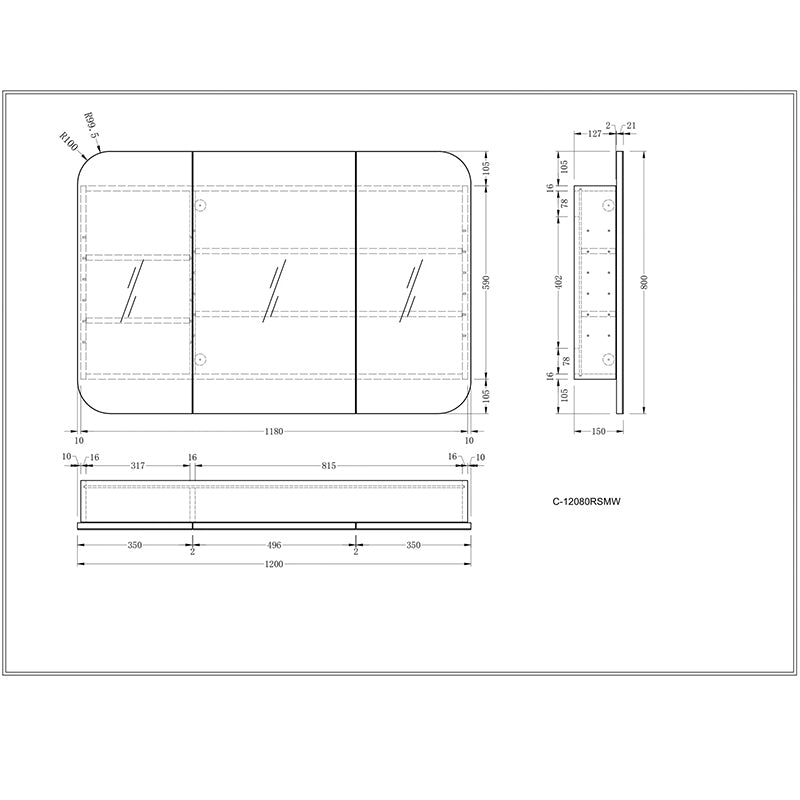 Carysil Grand Shaving Cabinet Matte White 1200x800mm