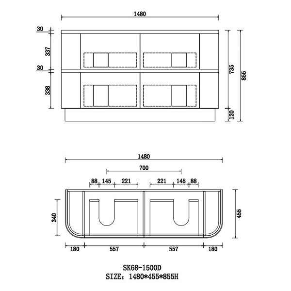 Hudson Series Double Bowl Rosewood 1480x455x855mm Vanity with Stone Top & Ceramic Undermount Basin