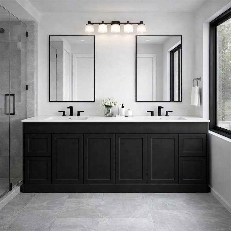 Vintage Series Double Bowls Matt Black Overall 1776x455x855mm Vanity with Stone Top & Ceramic Undermount Basin