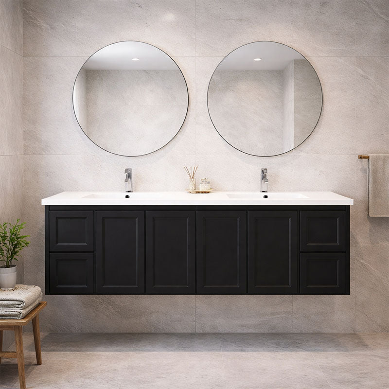 Vintage (Hung) Series Double Bowls Matt Black Overall 1800mm Vanity Set With Flat Stone Bench Top