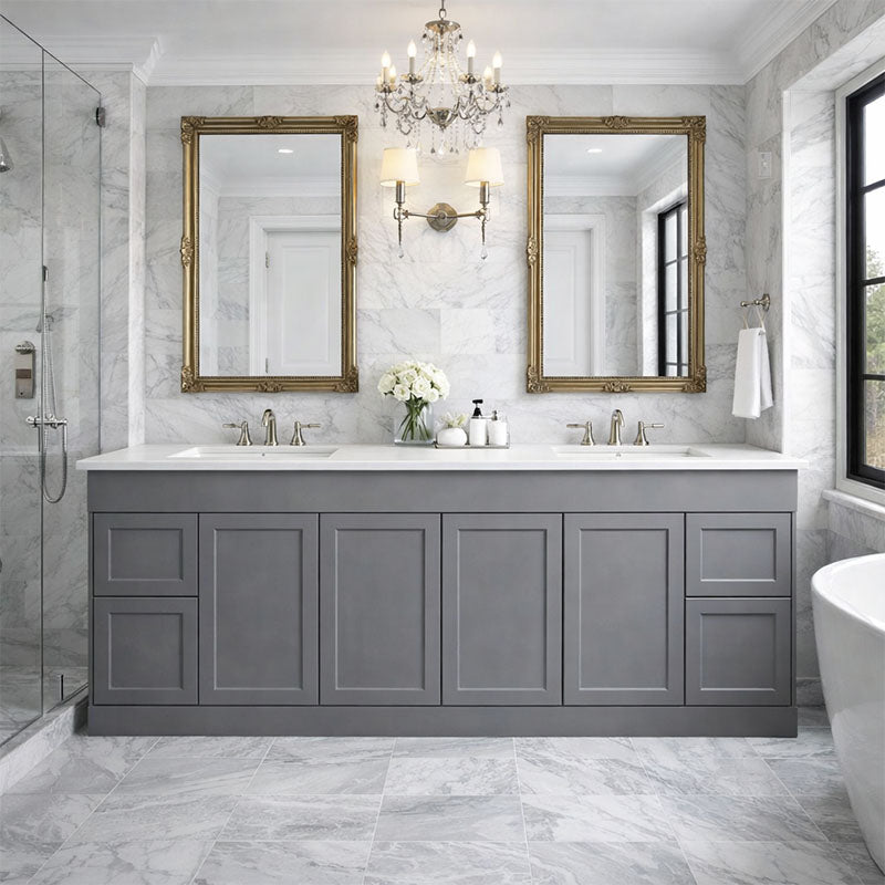 Vintage Series Double Bowls Matt Grey Overall 1776x455x855mm Vanity with Stone Top & Ceramic Undermount Basin