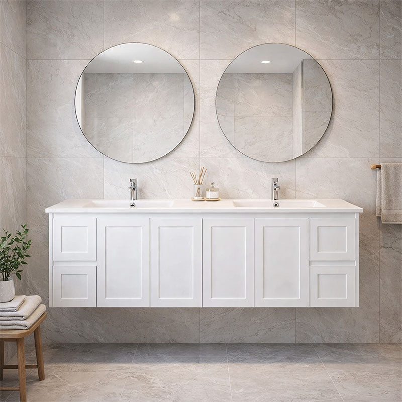 Vintage (Hung) Series Double Bowls Matt White Overall 1800mm Vanity Set With Flat Stone Bench Top