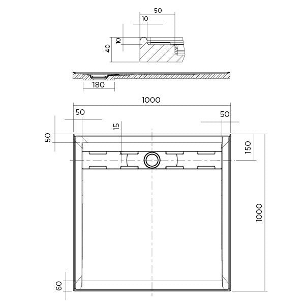 Urban CH Polymarble base 1000x1000 Rear Outlet Shower Base