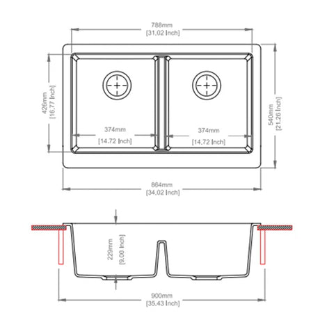 Granite Butler Sink Double Bowls Farmhouse Kitchen Laundry Sink Apron Front Black 865x540x229mm