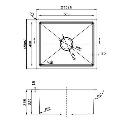 Single Bowl Sink Brushed Silver 550x450x220mm