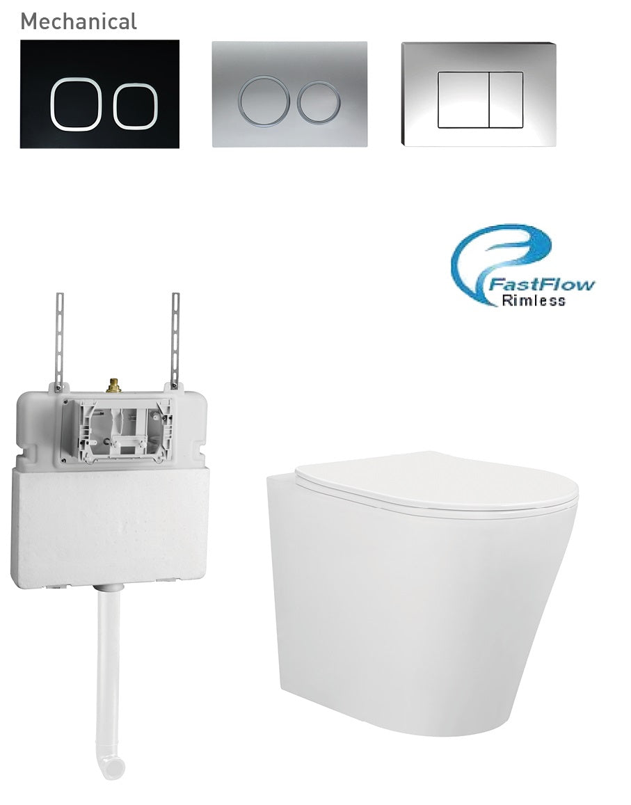 BRAVO Rimless In Wall Cistern Toilet Suite Brushed Nickel Round Button