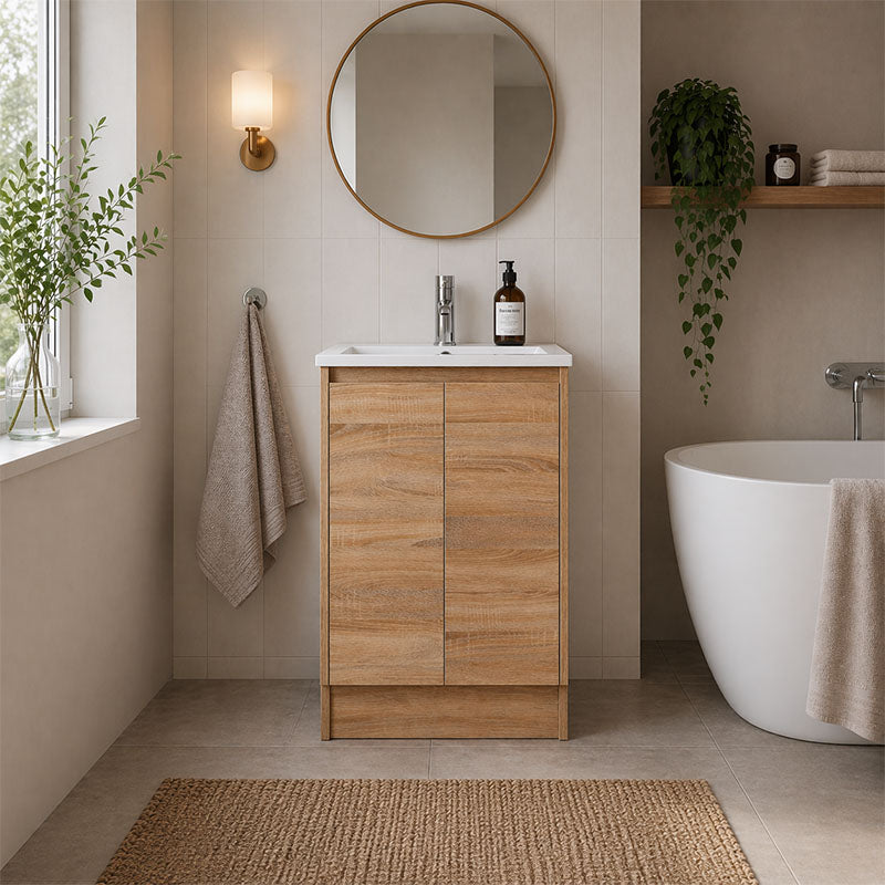 Sierra Series Freestanding Natural Timber Overall 580x355x855mm Vanity with Ceramic Slimline Top (UV32)
