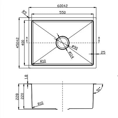 Single Bowl Sink Brushed Silver 600x450x220mm