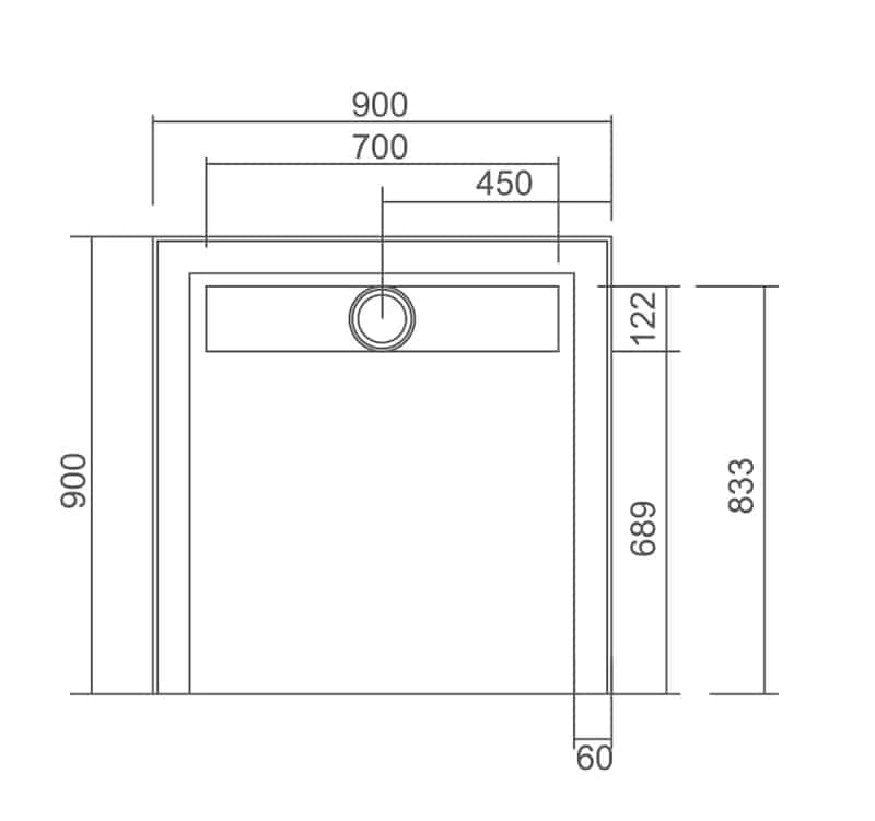 STYLO SMC Shower Base with Stainless Steel Centre Rear Channel 900x900x40mm