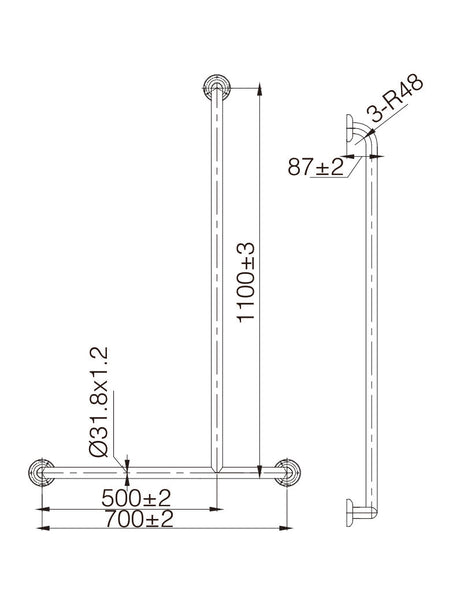 MOBI CARE T Shape Shower Rail in Matte Black Finish - RH