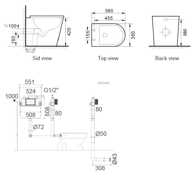 BRAVO Rimless In Wall Cistern Toilet Suite Brushed Nickel Round Button