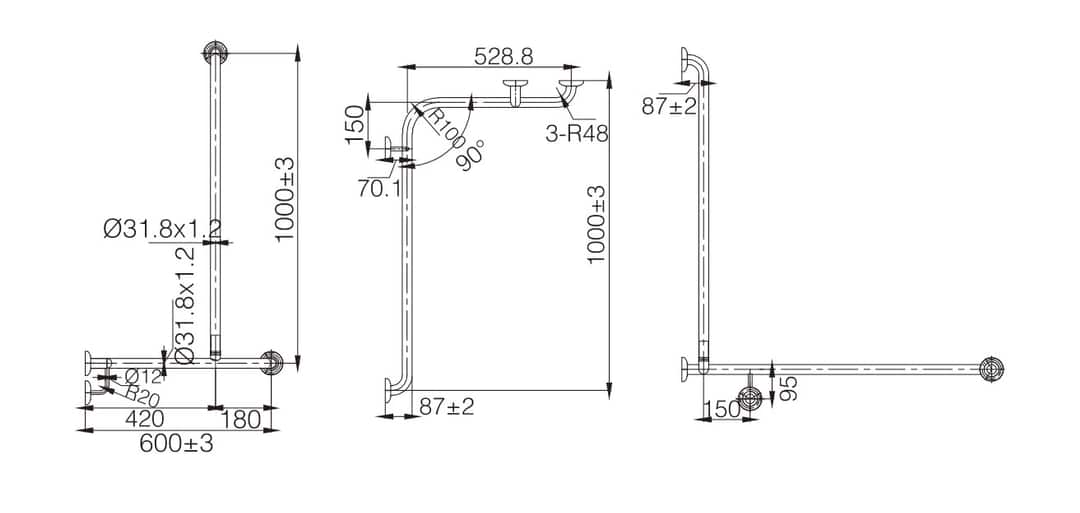 MOBI CARE L Shape with Extension Shower Grab Rail - RH