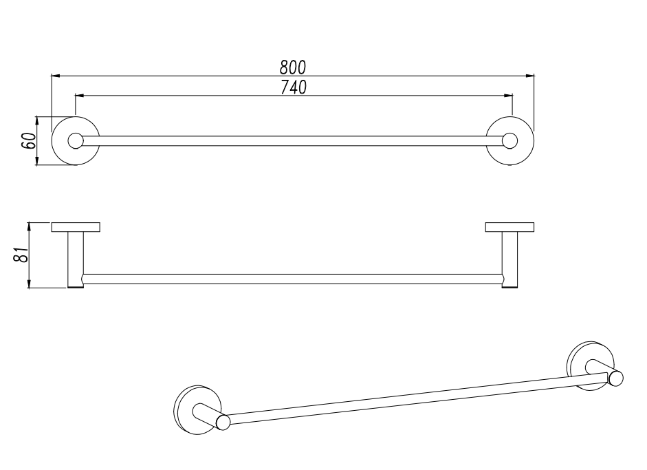 LUCID PIN Series Brushed Nickel Single Towel Rack Rail 800mm