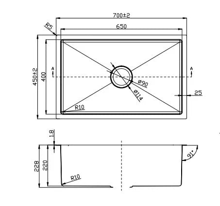 Single Bowl Sink Brushed Silver 700x450x220mm