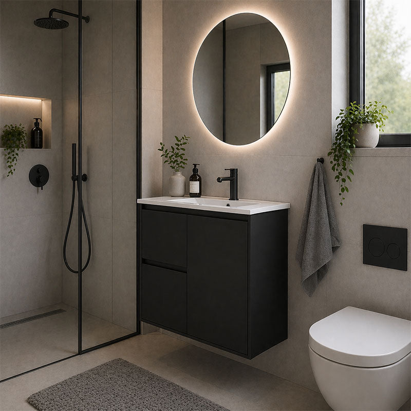Sierra(Hung) Series Wall Hung Left Hand Drawer Matt Black Overall 730X355X520mm Vanity Set With Ceramic Slimline Top (UV32)