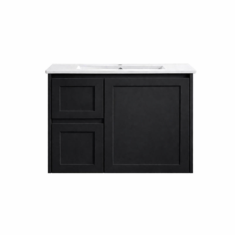 Vintage (Hung) Series Left Hand Drawer Matt Black Overall 750mm Vanity Set With Stone Top & Ceramic Undermount Basin