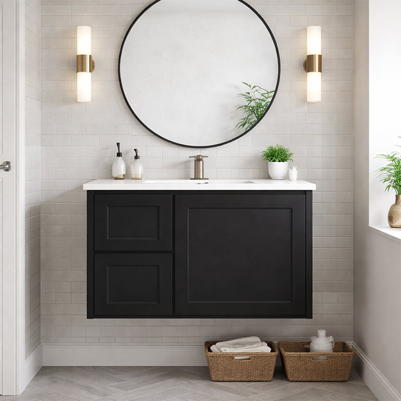 Vintage (Hung) Series Left Hand Drawer Matt Black Overall 750mm Vanity Set With Stone Top & Ceramic Undermount Basin