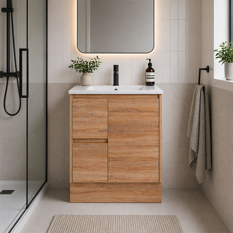 Sierra Series Left Hand Drawer Freestanding Natural Timber Overall 730x355x855mm Vanity with Ceramic Slimline Top (UV32)